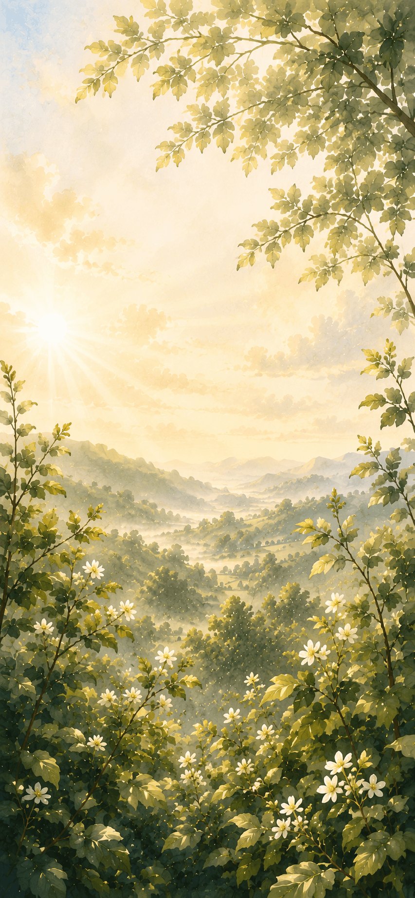 Painted morning sky from the app, soft light over a green valley