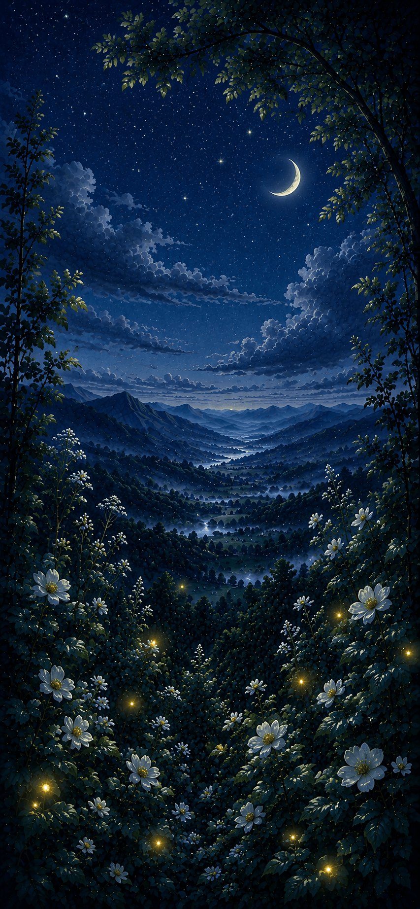 Painted night sky from the app, deep blue with fireflies