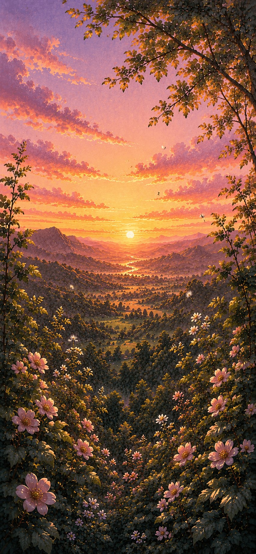 Painted sunset sky from the app, warm light fading over the valley